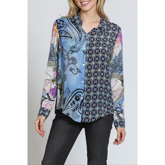APNY Button Up Silky Blouse with Roll Up Sleeve Paisley Patchwork New Size Mediu - Picture 1 of 10
